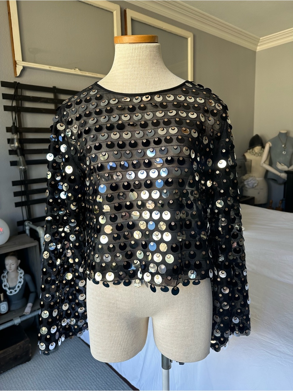 Sequin long-sleeve crop top, size large
